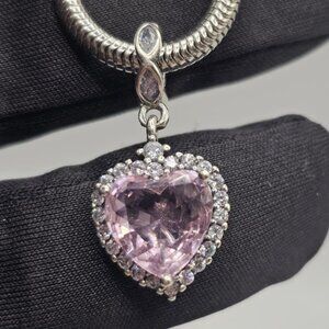 SILVER 925 BIG PINK CZ HEART DANGLE CHARM